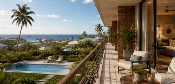Residencia de alta gama con balcón, piscina y vistas al mar en el Caribe, en St. Martin